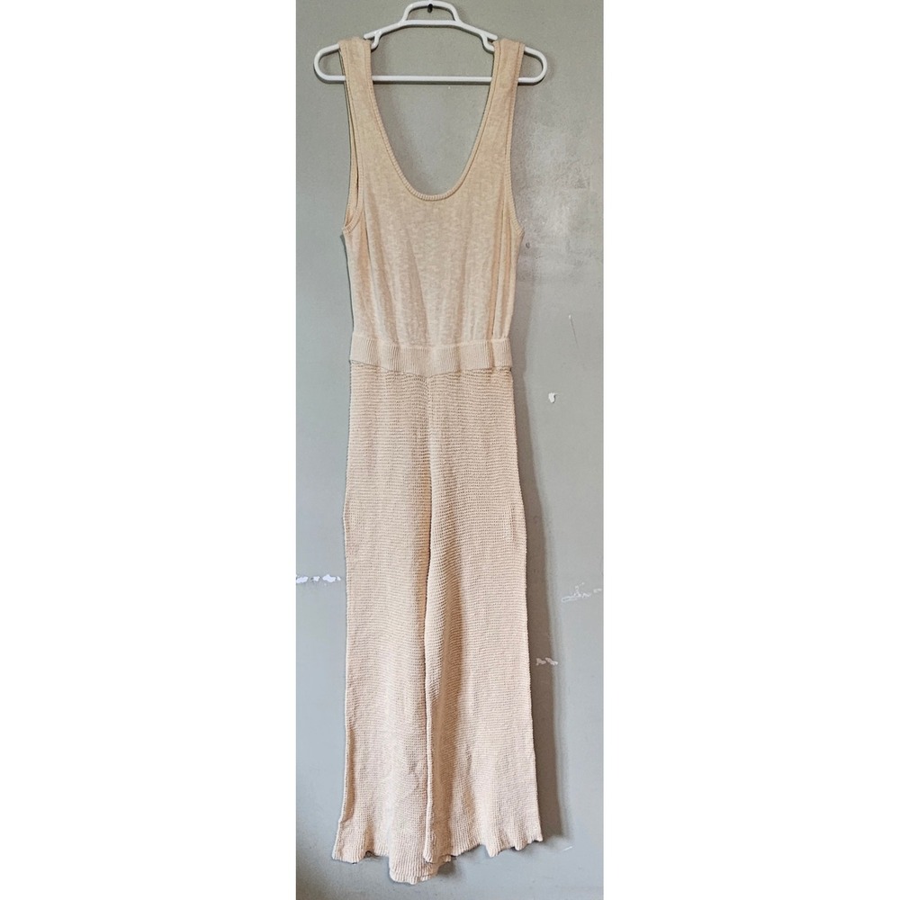 Free People FP Beach Knit Jumpsuit Cream Beige Wide Leg‎ Sleeveless Large